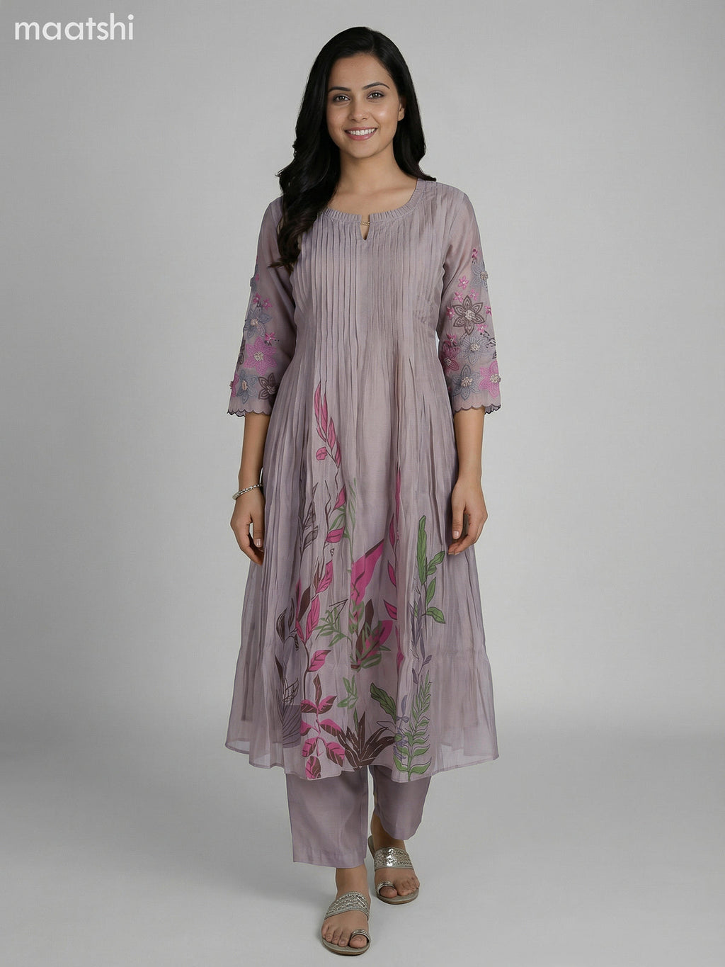 Grey Shade Chanderi Embroidery Work Anarkali Suit