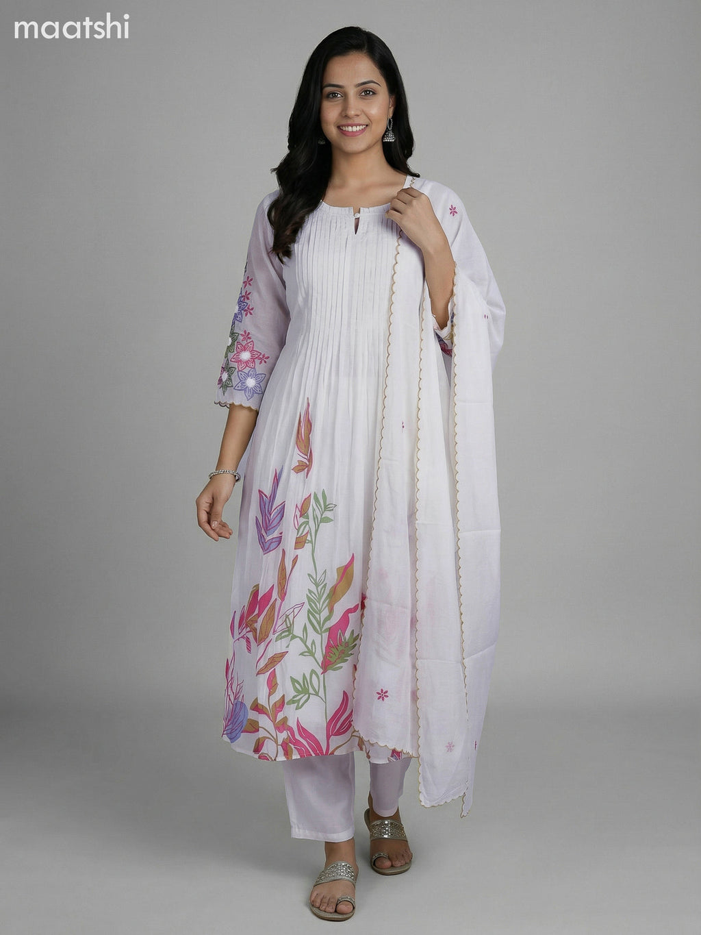 Off White Chanderi Embroidery Work Anarkali Suit