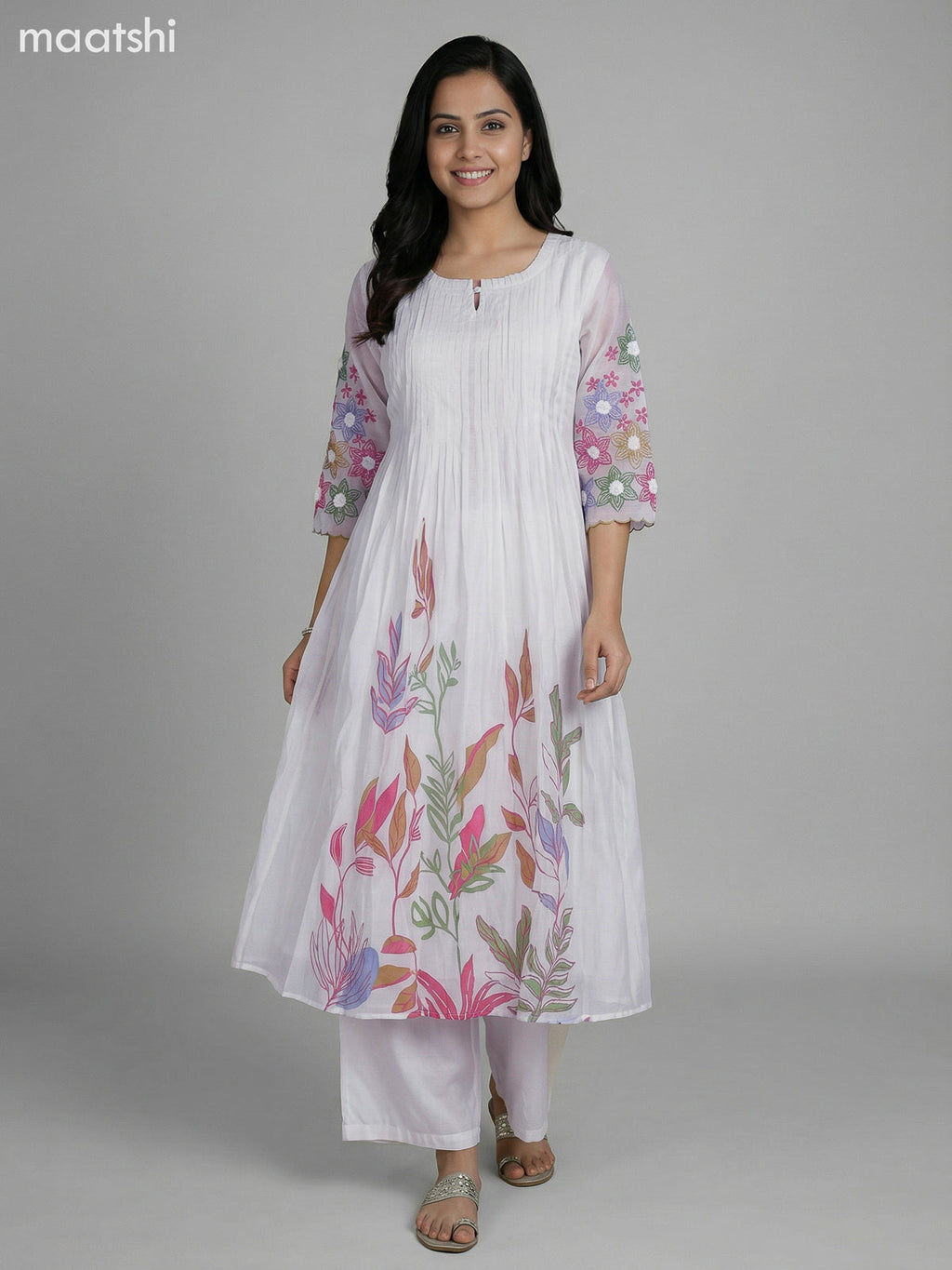 Off White Chanderi Embroidery Work Anarkali Suit