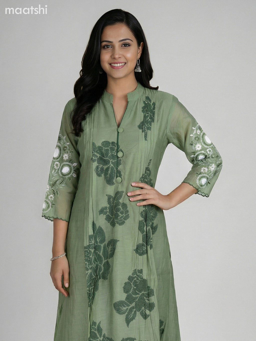 Mustard Green Chanderi Embroidery Work Anarkali Suit