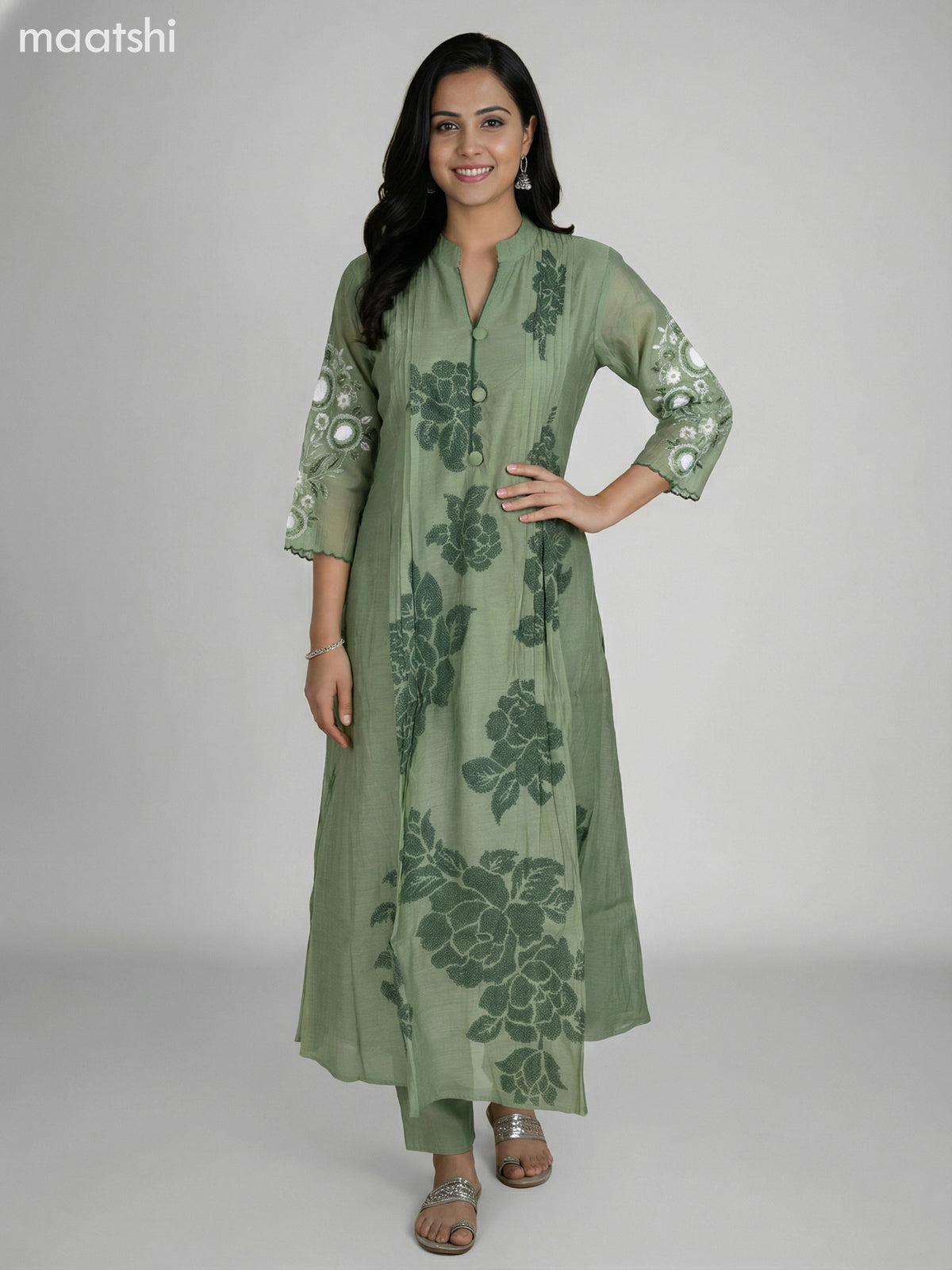 Mustard Green Chanderi Embroidery Work Anarkali Suit