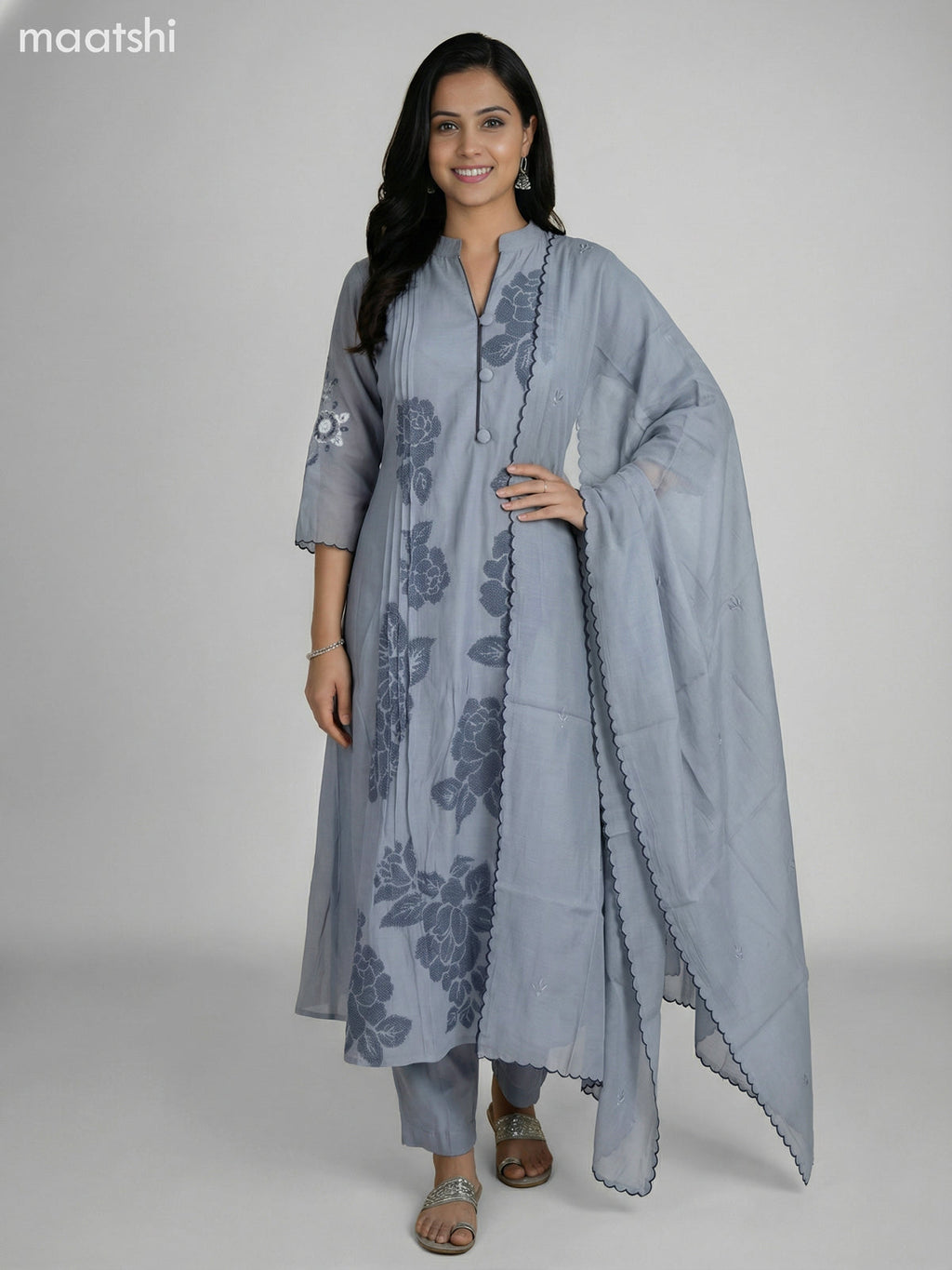 Grey Shade Chanderi Embroidery Work Anarkali Suit