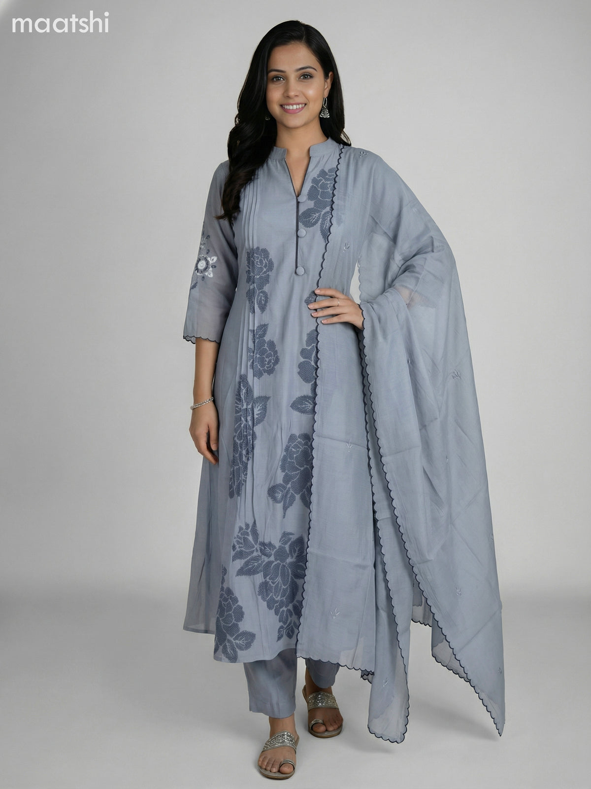 Grey Shade Chanderi Embroidery Work Anarkali Suit