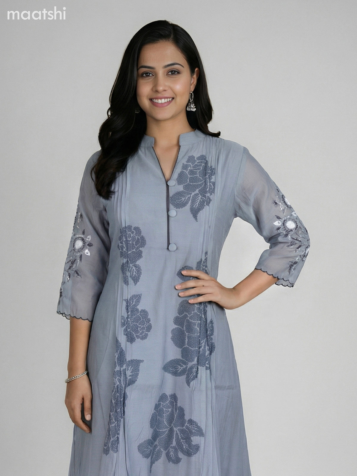 Grey Shade Chanderi Embroidery Work Anarkali Suit