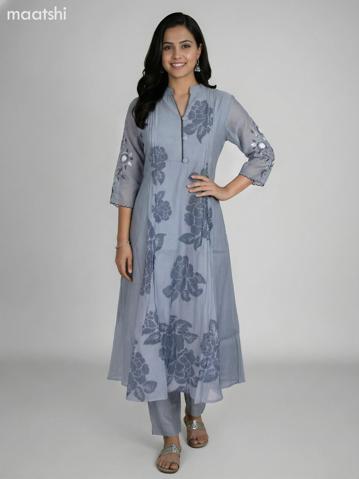 Grey Shade Chanderi Embroidery Work Anarkali Suit