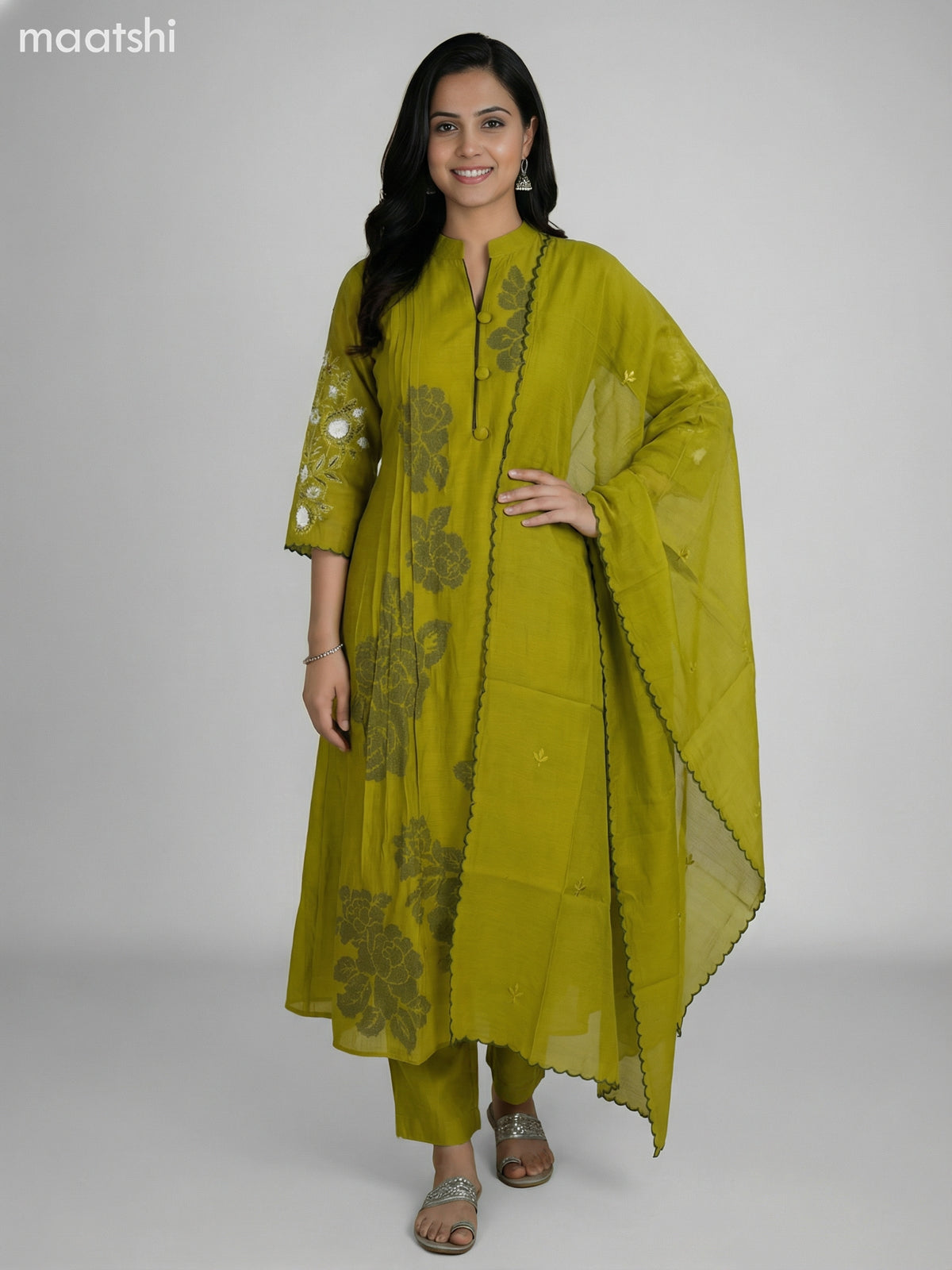 Pastel Green Chanderi Embroidery Work Anarkali Suit