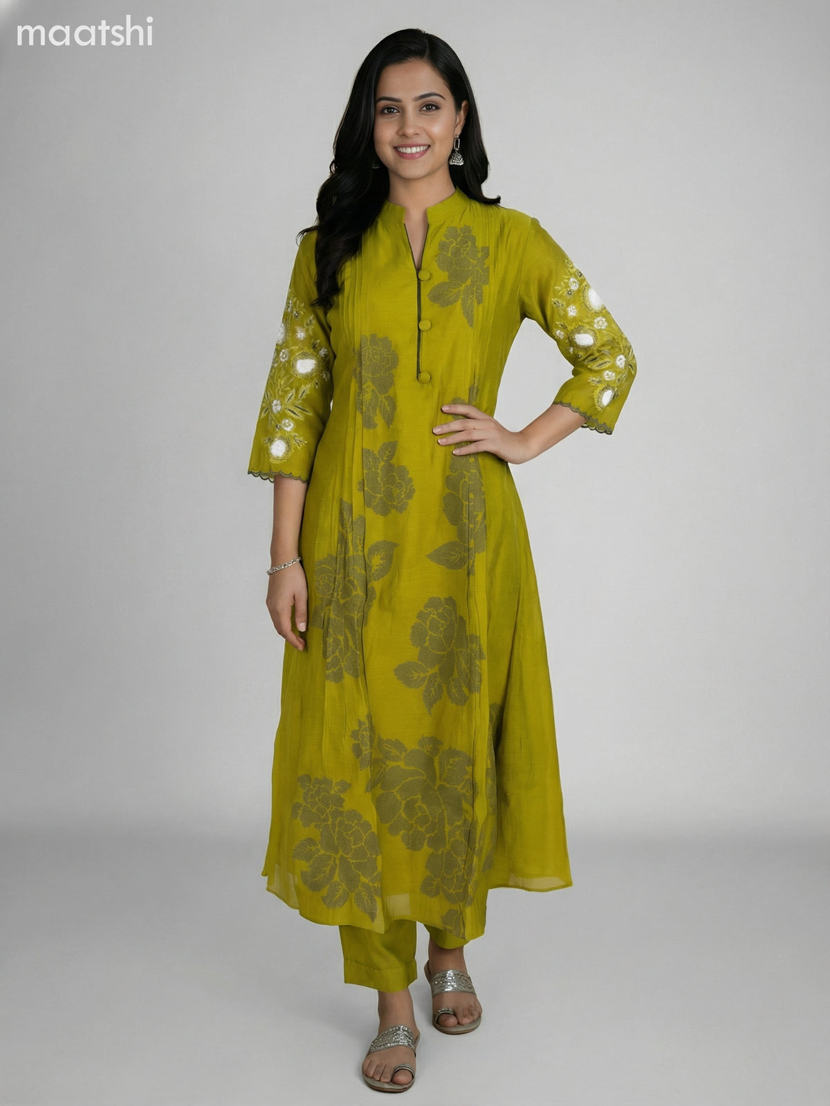 Pastel Green Chanderi Embroidery Work Anarkali Suit