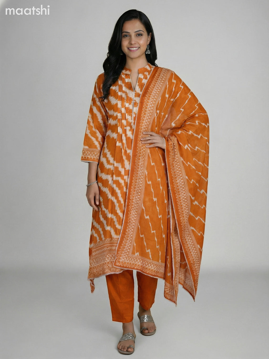 Orange and Cream Muslin Shibori Printed Fish Cut Suit