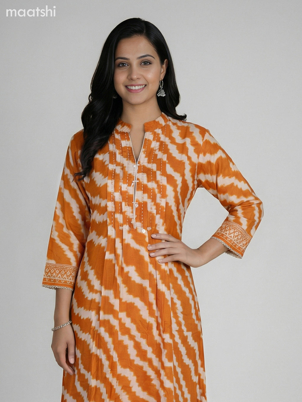 Orange and Cream Muslin Shibori Printed Fish Cut Suit
