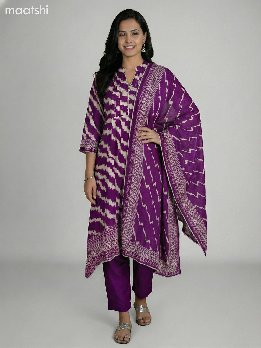 Purple and Cream Muslin Shibori Printed Fish Cut Suit
