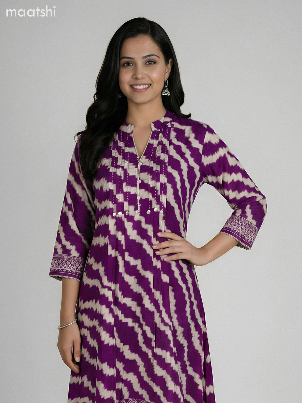 Purple and Cream Muslin Shibori Printed Fish Cut Suit