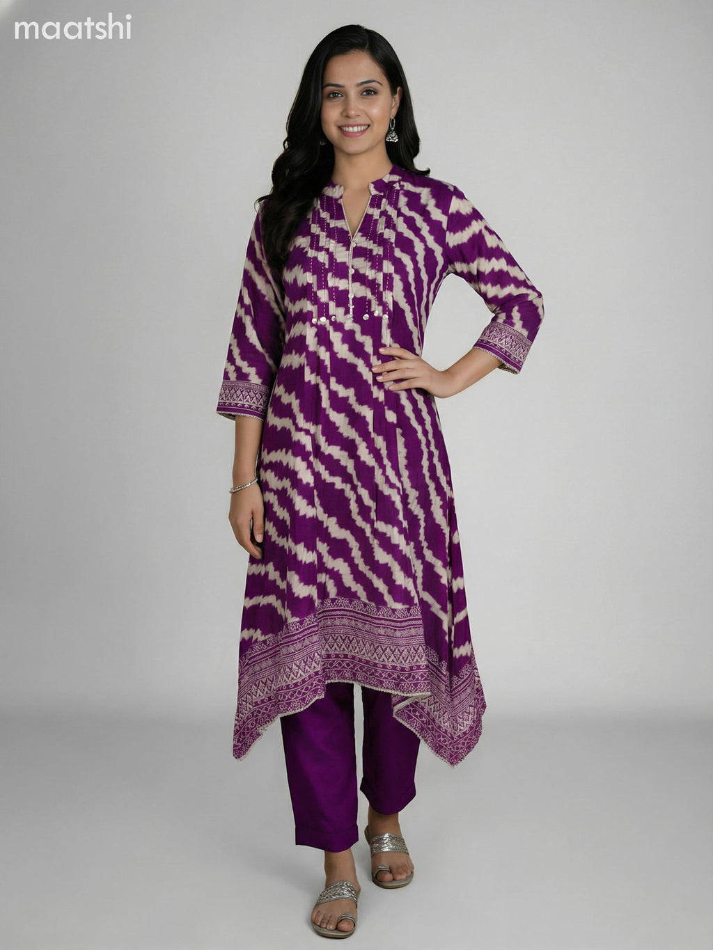Purple and Cream Muslin Shibori Printed Fish Cut Suit