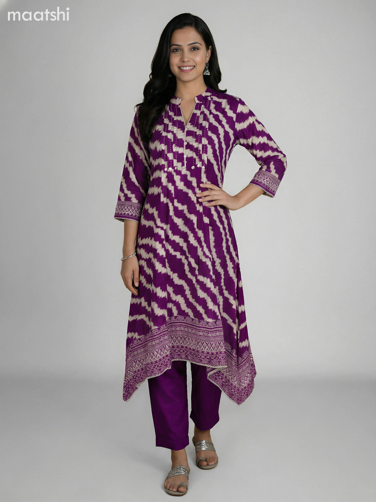 Purple and Cream Muslin Shibori Printed Fish Cut Suit