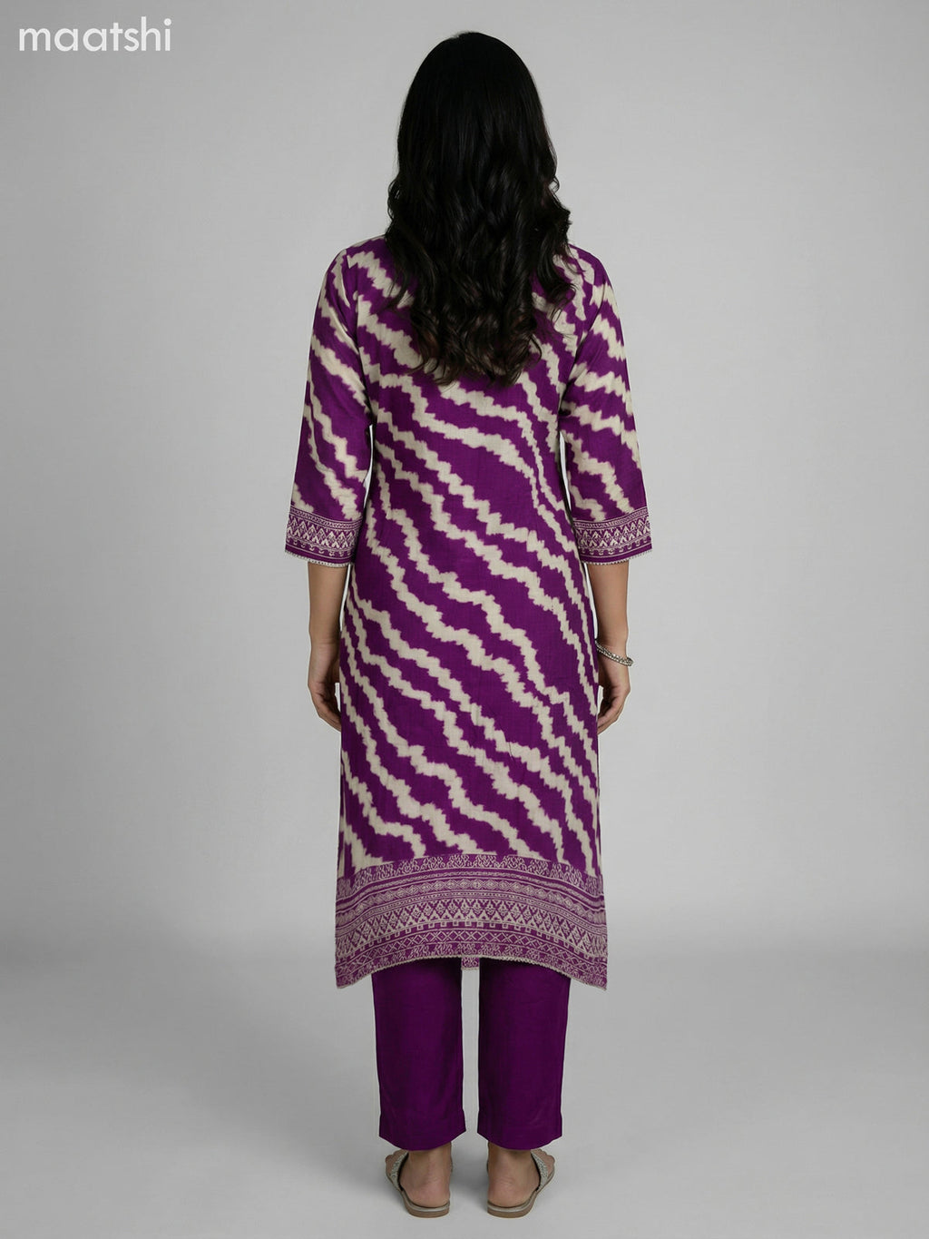 Purple and Cream Muslin Shibori Printed Fish Cut Suit