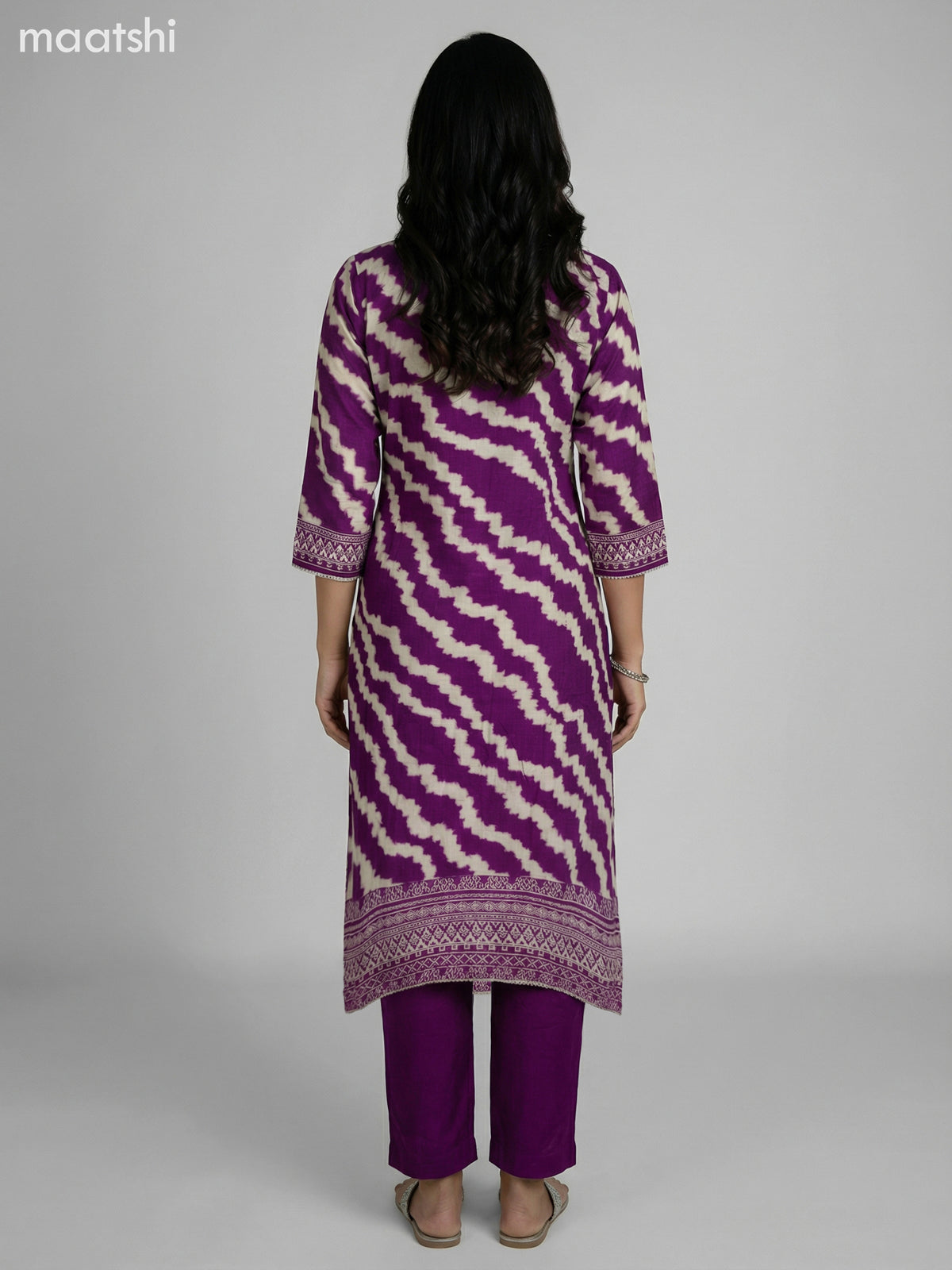 Purple and Cream Muslin Shibori Printed Fish Cut Suit