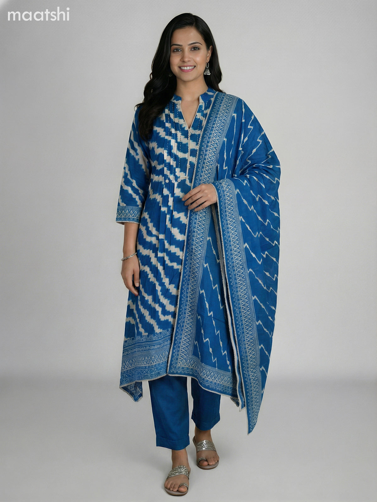 Blue and Cream Muslin Shibori Printed Fish Cut Suit