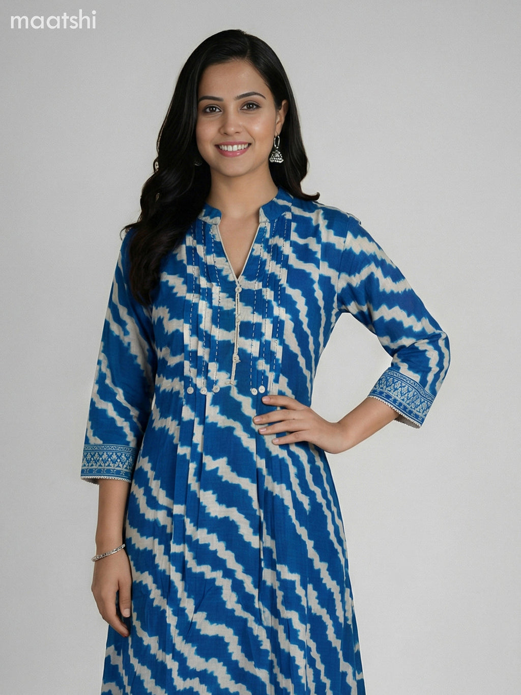 Blue and Cream Muslin Shibori Printed Fish Cut Suit