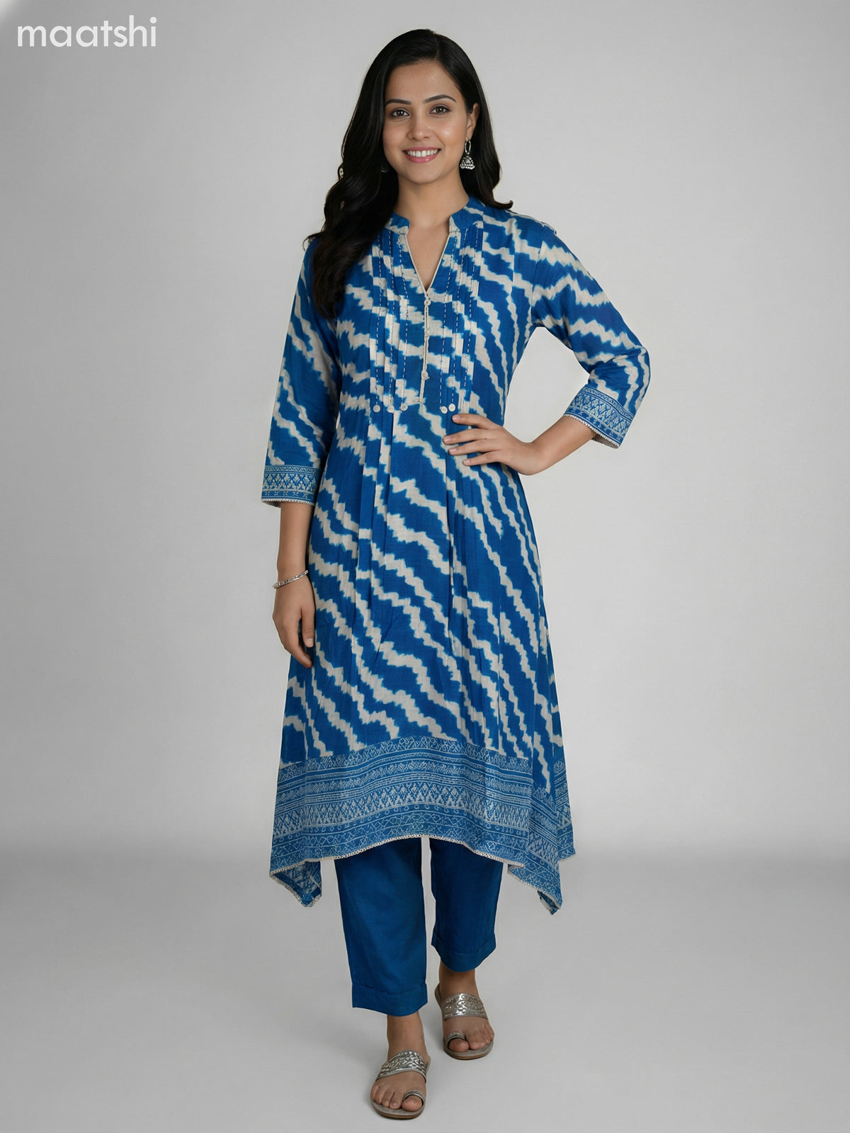 Blue and Cream Muslin Shibori Printed Fish Cut Suit