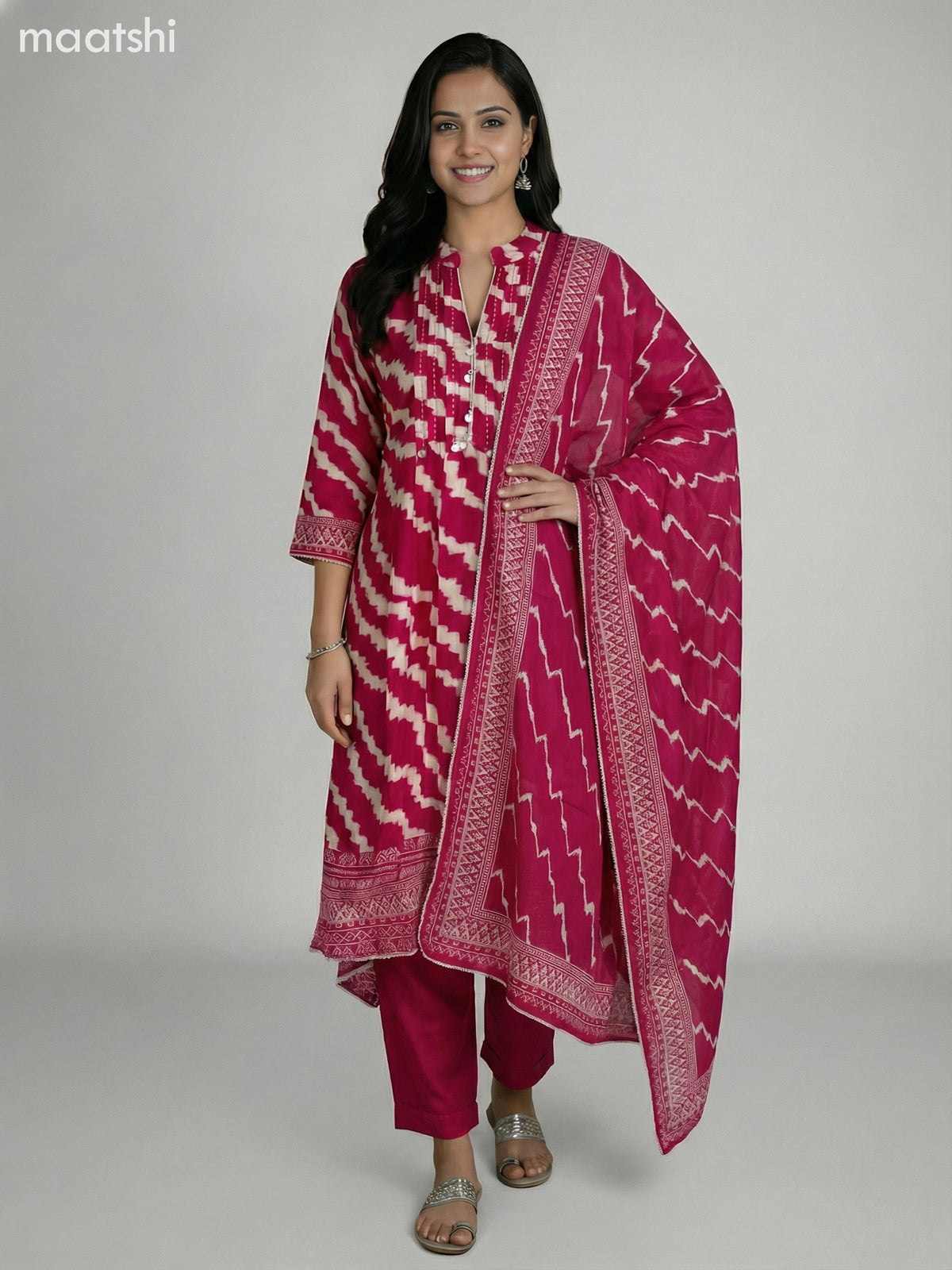 Pink and Cream Muslin Shibori Printed Fish Cut Suit