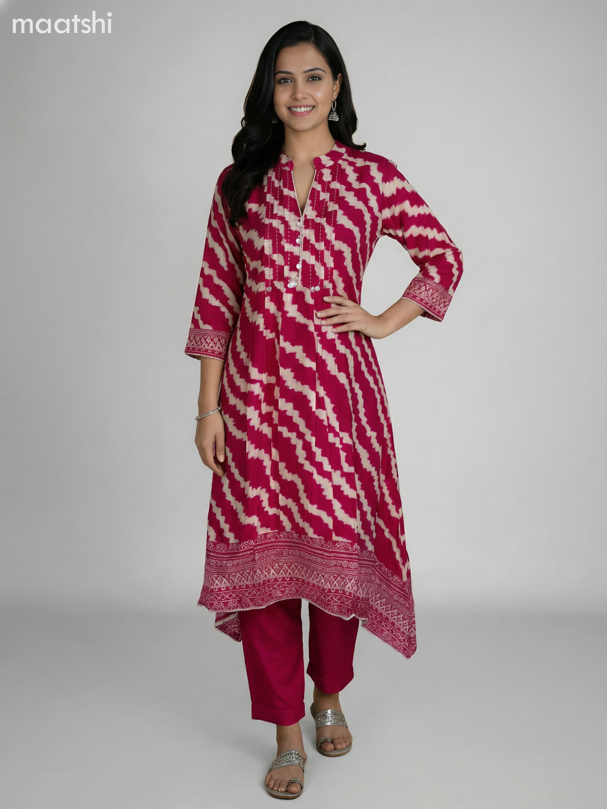 Pink and Cream Muslin Shibori Printed Fish Cut Suit