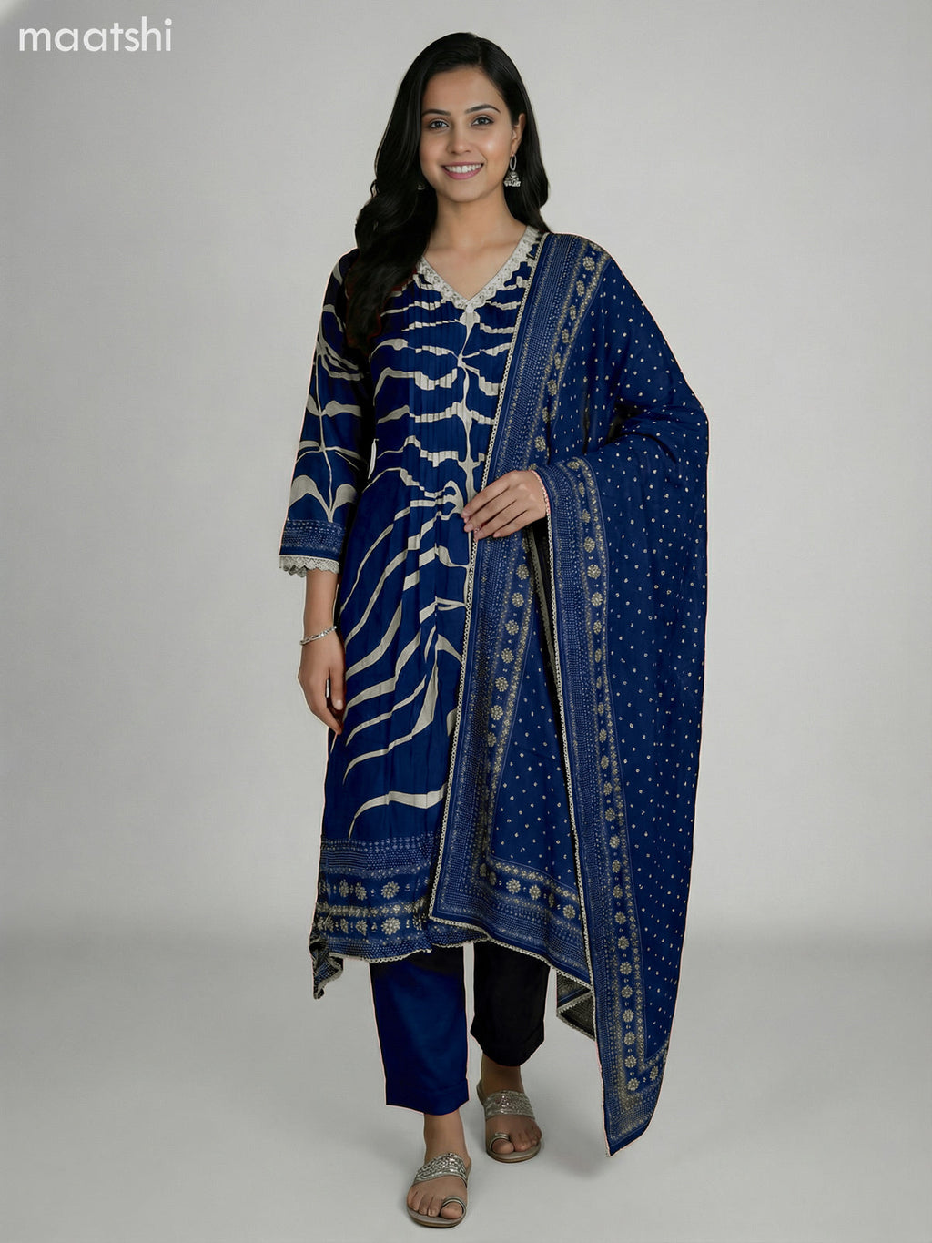 Blue and Cream Muslin Printed Fish Cut Suit