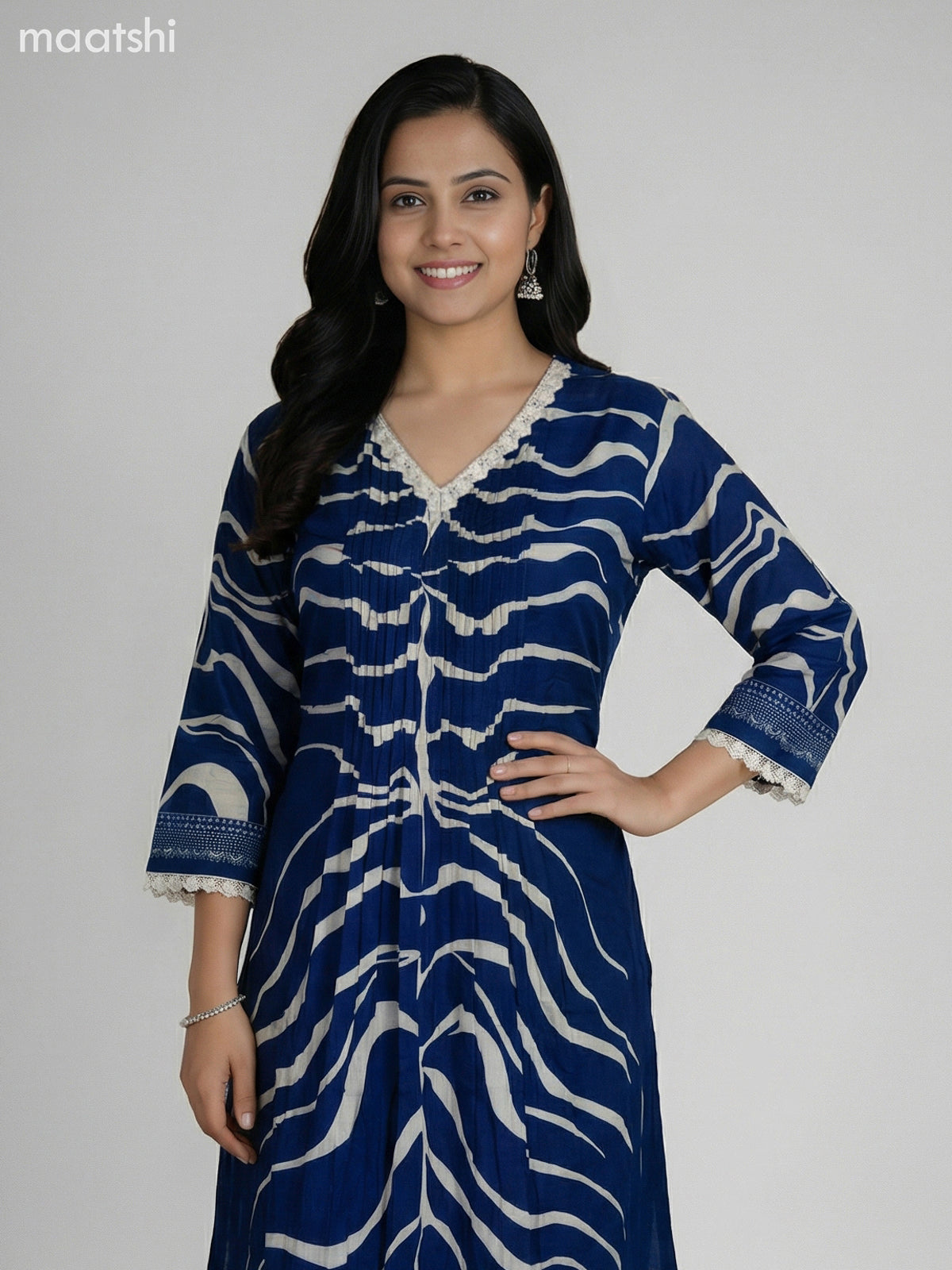 Blue and Cream Muslin Printed Fish Cut Suit