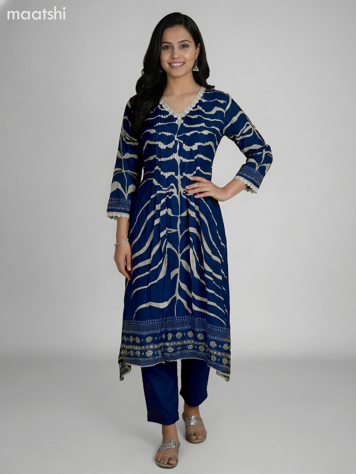 Blue and Cream Muslin Printed Fish Cut Suit