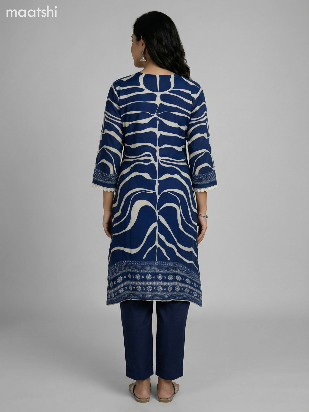 Blue and Cream Muslin Printed Fish Cut Suit