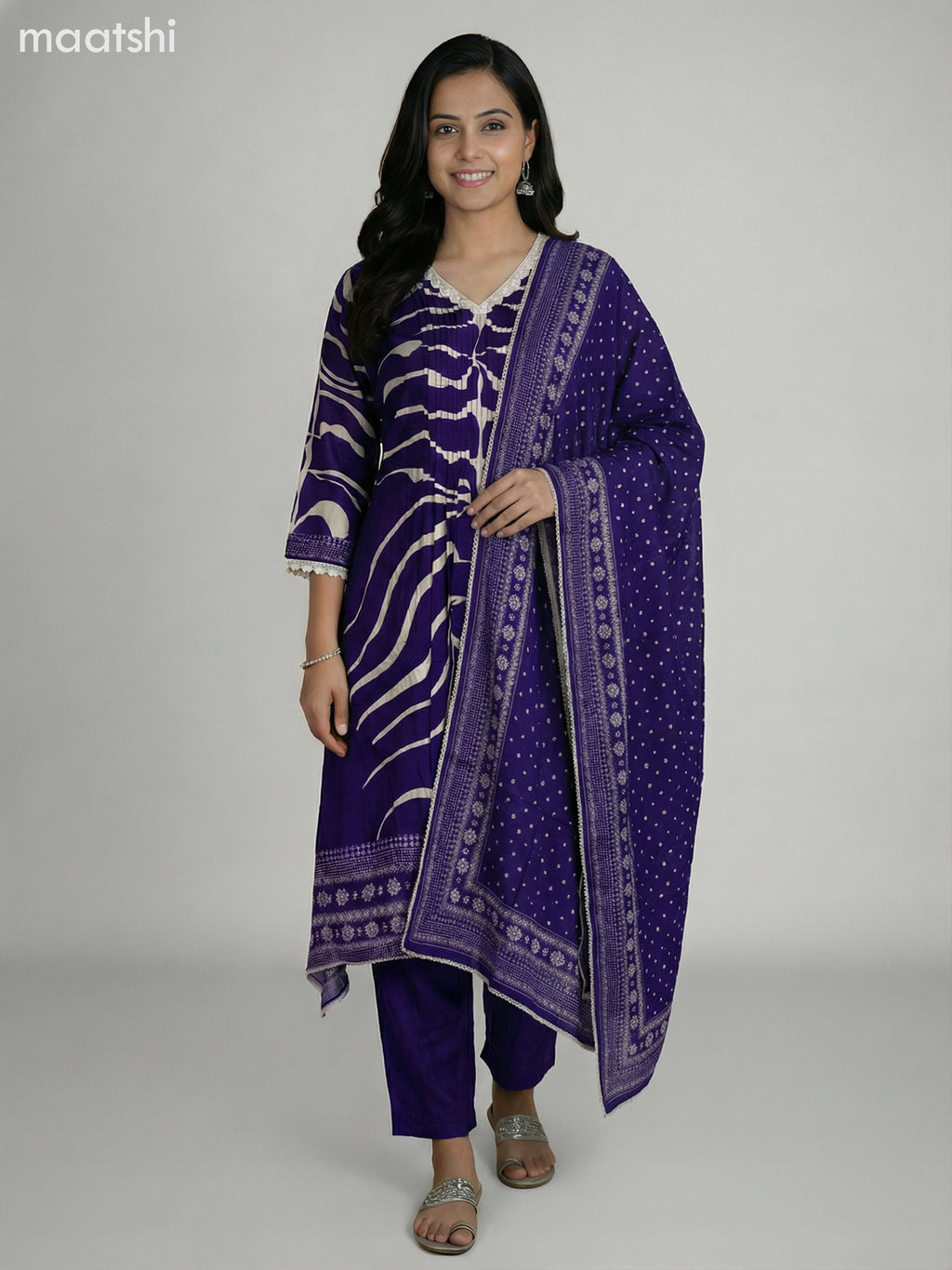 Violet and Cream Muslin Printed Fish Cut Suit