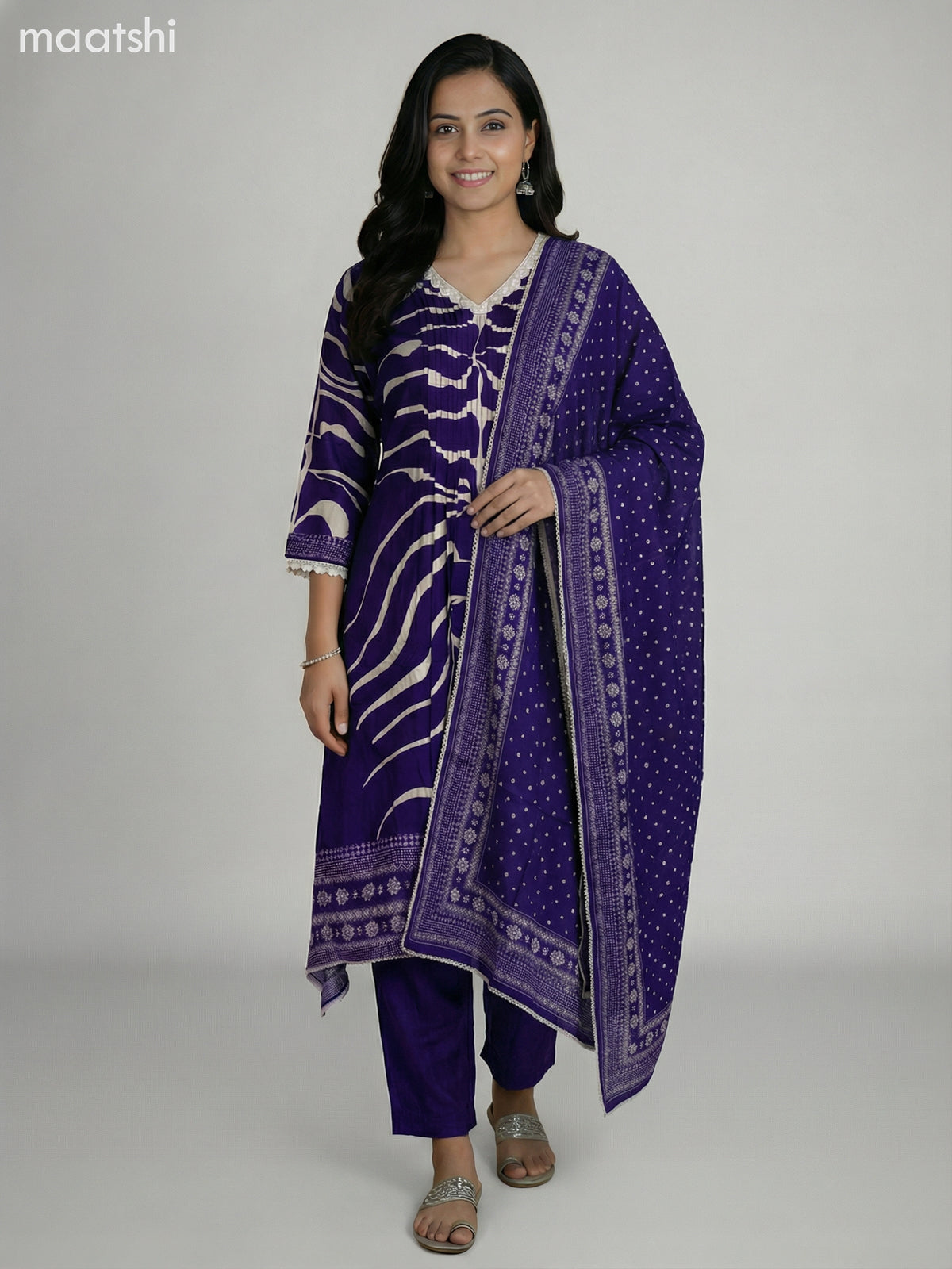 Violet and Cream Muslin Printed Fish Cut Suit