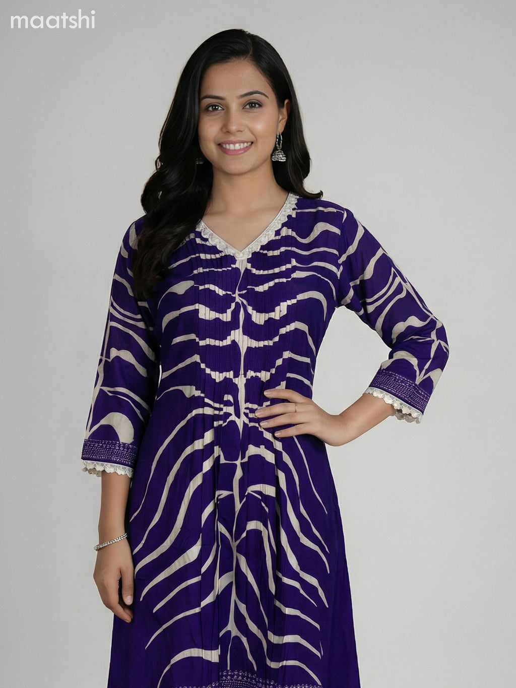 Violet and Cream Muslin Printed Fish Cut Suit