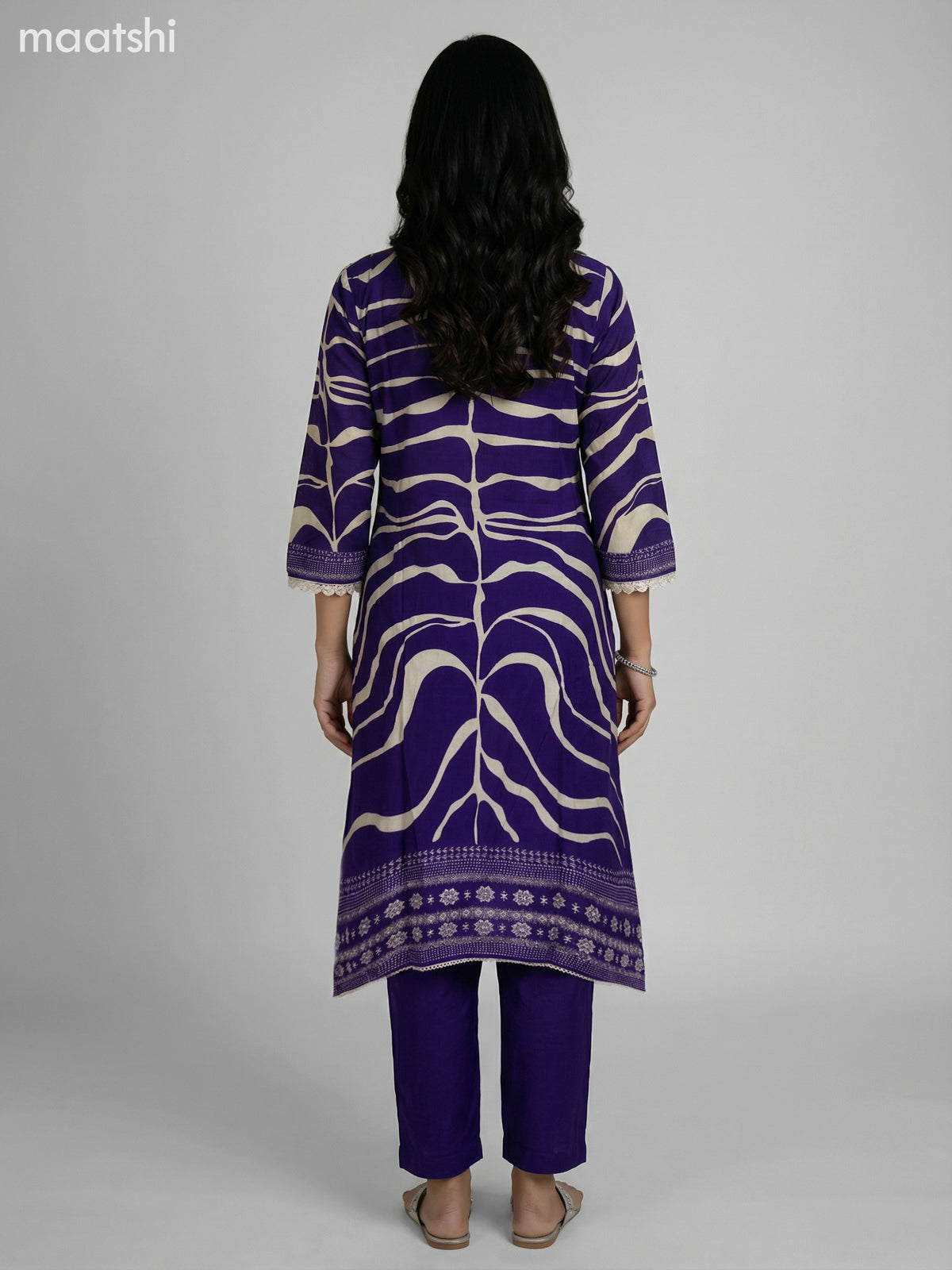 Violet and Cream Muslin Printed Fish Cut Suit