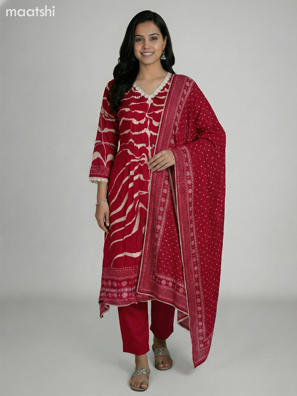 Pink and Cream Muslin Printed Fish Cut Suit