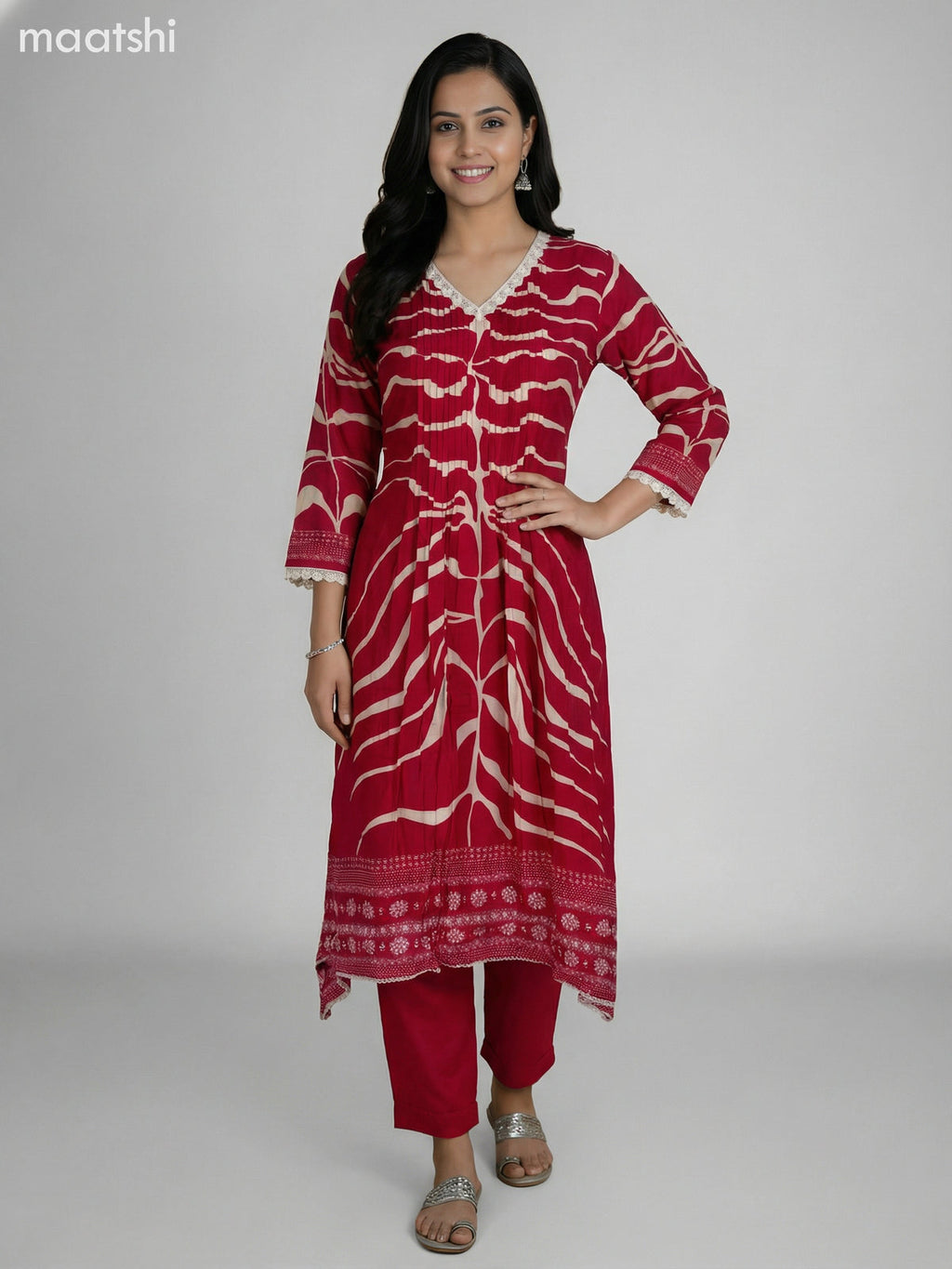 Pink and Cream Muslin Printed Fish Cut Suit