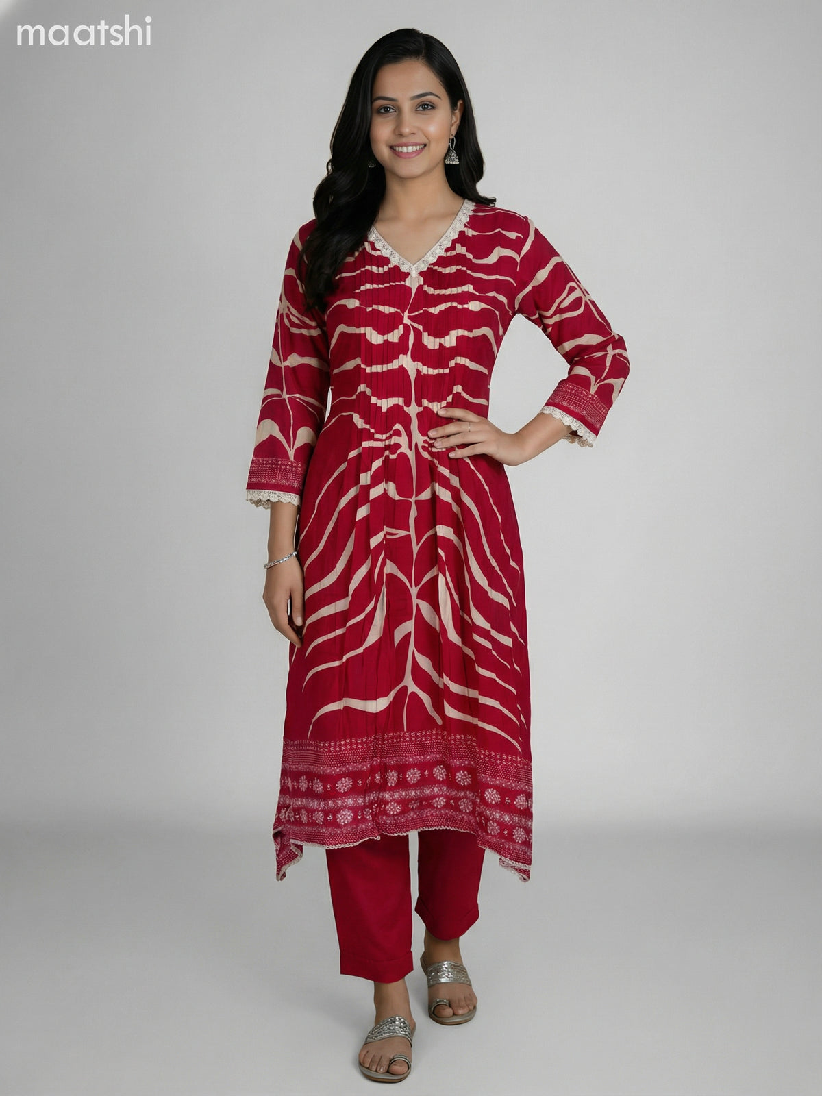 Pink and Cream Muslin Printed Fish Cut Suit