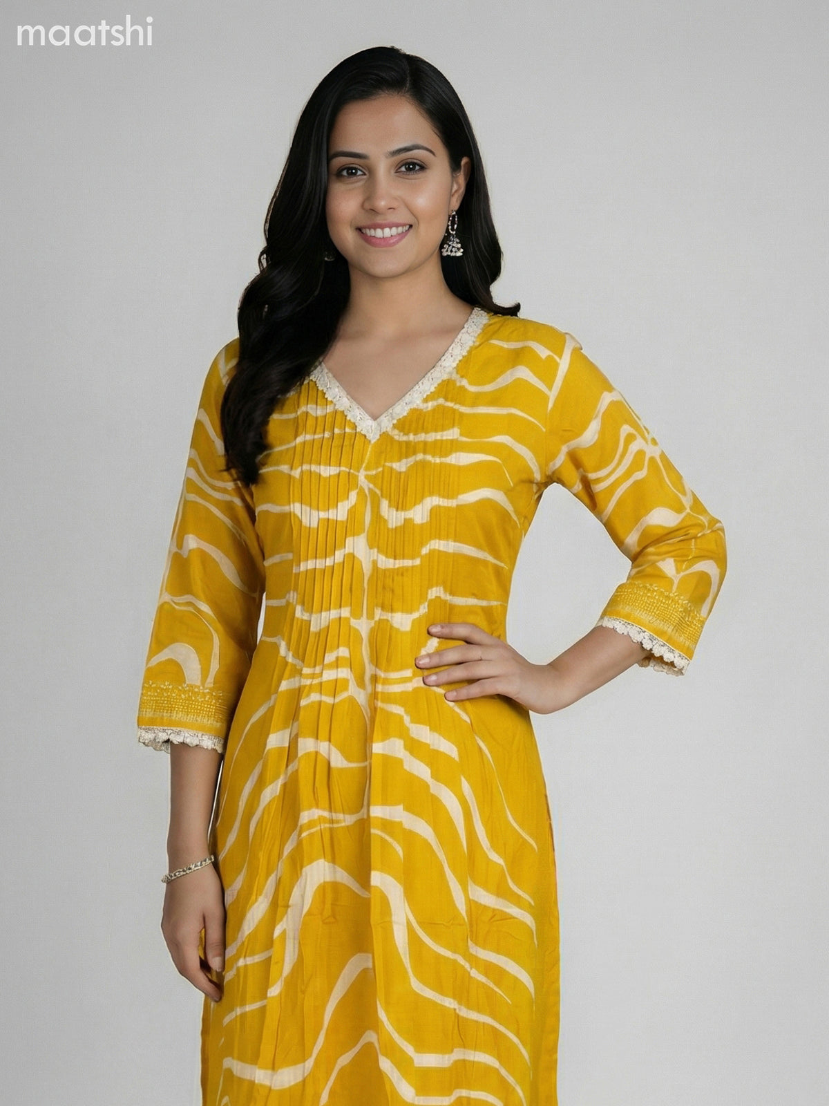 Yellow and Cream Muslin Printed Fish Cut Suit