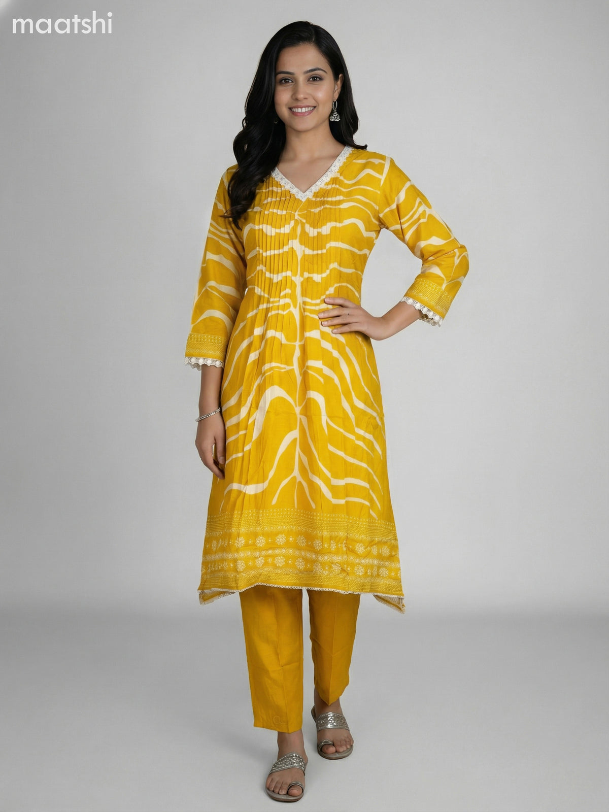 Yellow and Cream Muslin Printed Fish Cut Suit