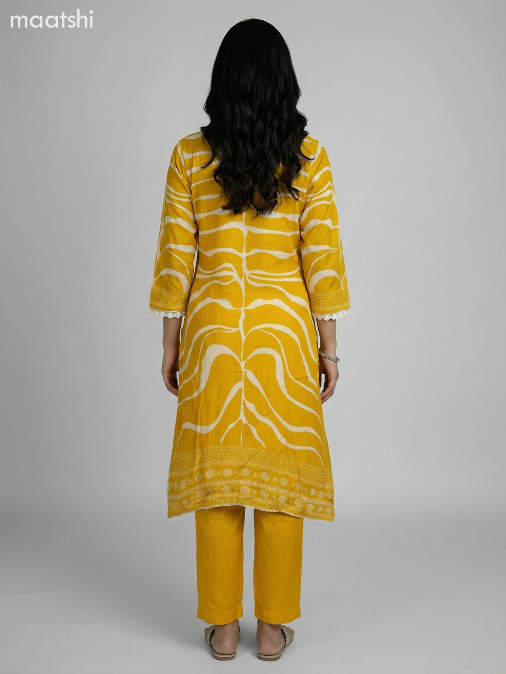 Yellow and Cream Muslin Printed Fish Cut Suit