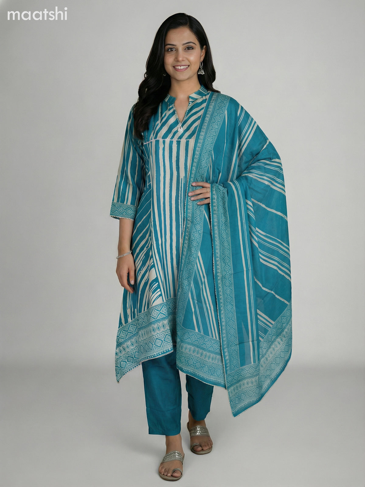 Teal Blue and Cream Muslin Printed Fish Cut Suit