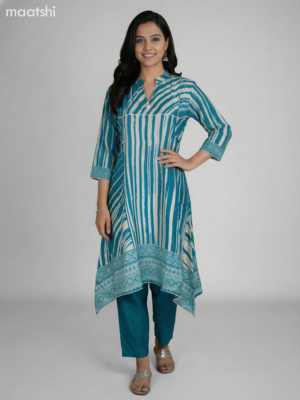 Teal Blue and Cream Muslin Printed Fish Cut Suit