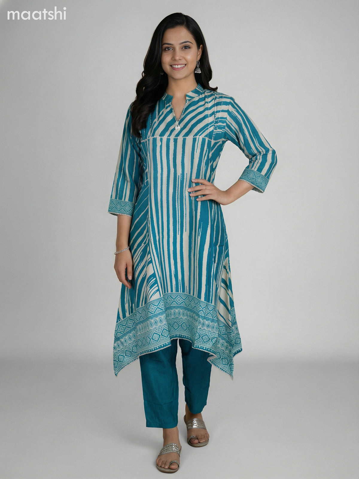 Teal Blue and Cream Muslin Printed Fish Cut Suit