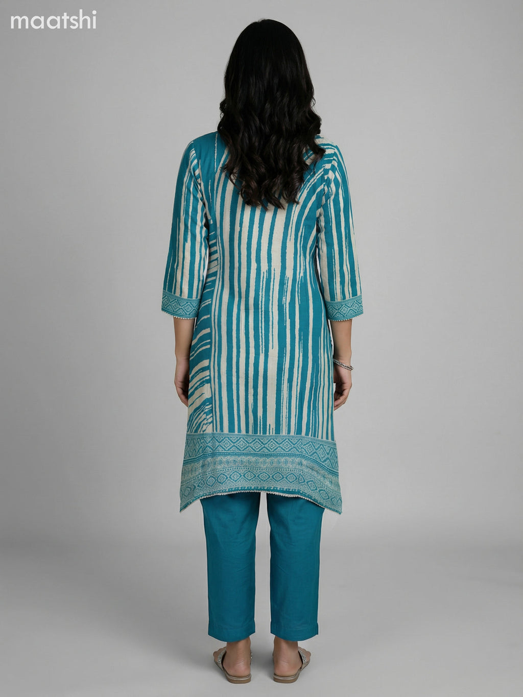 Teal Blue and Cream Muslin Printed Fish Cut Suit