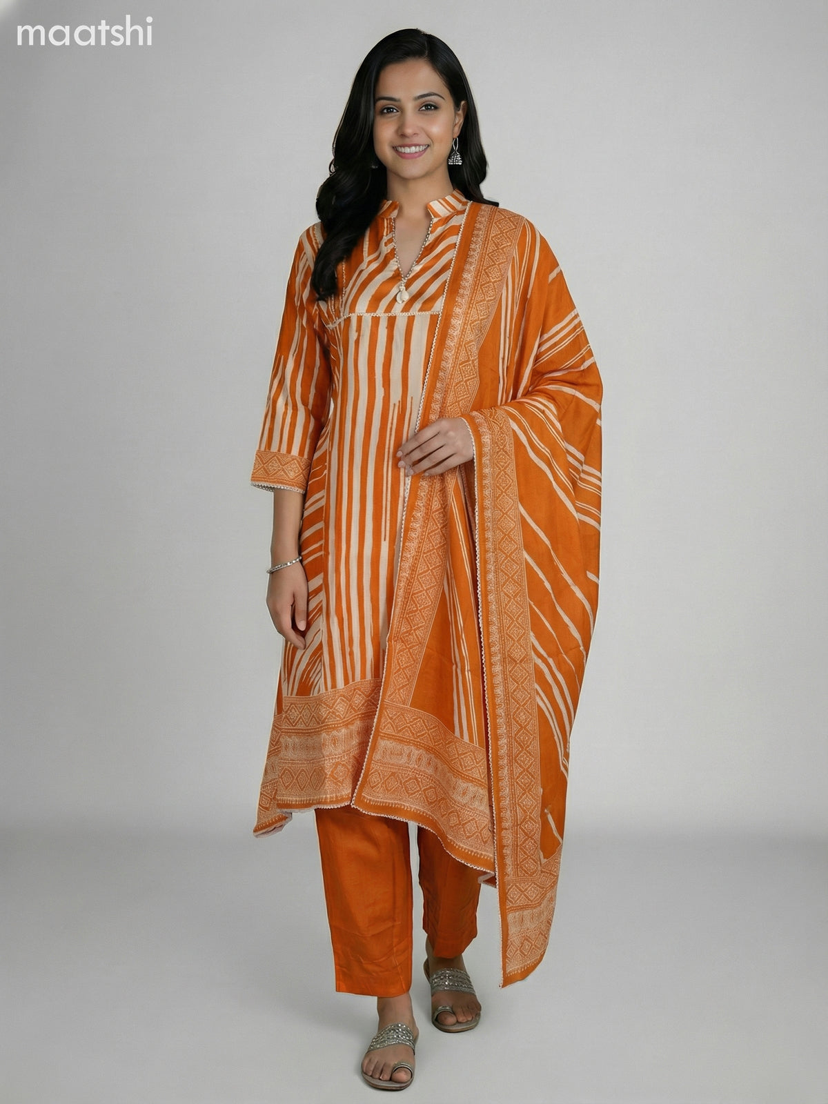Orange and Cream Muslin Printed Fish Cut Suit