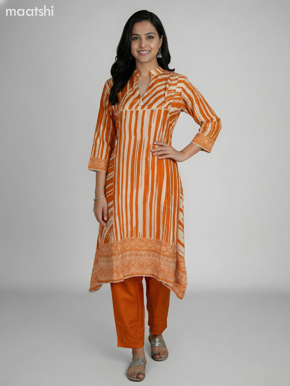 Orange and Cream Muslin Printed Fish Cut Suit