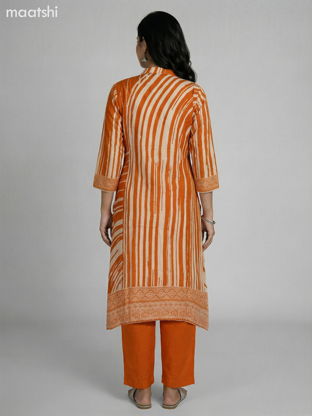 Orange and Cream Muslin Printed Fish Cut Suit