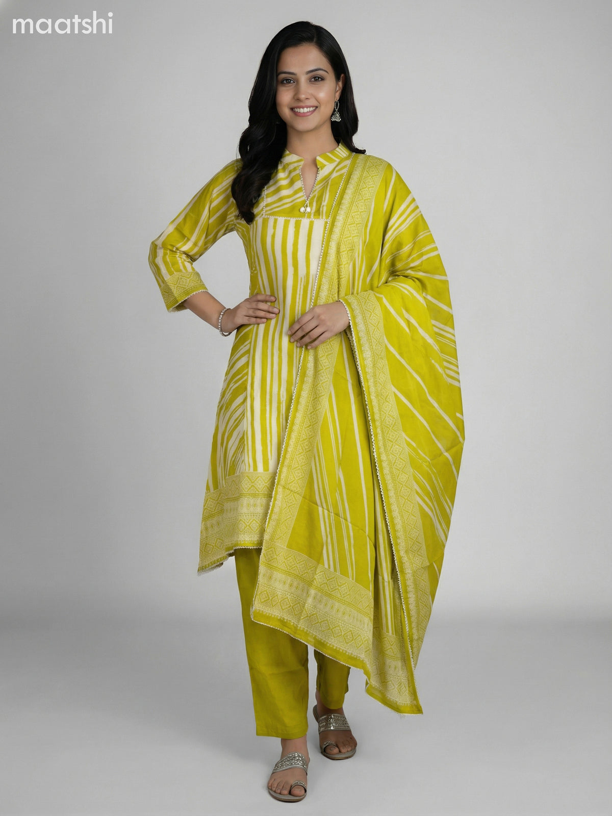 Lime Green and Cream Muslin Printed Fish Cut Suit