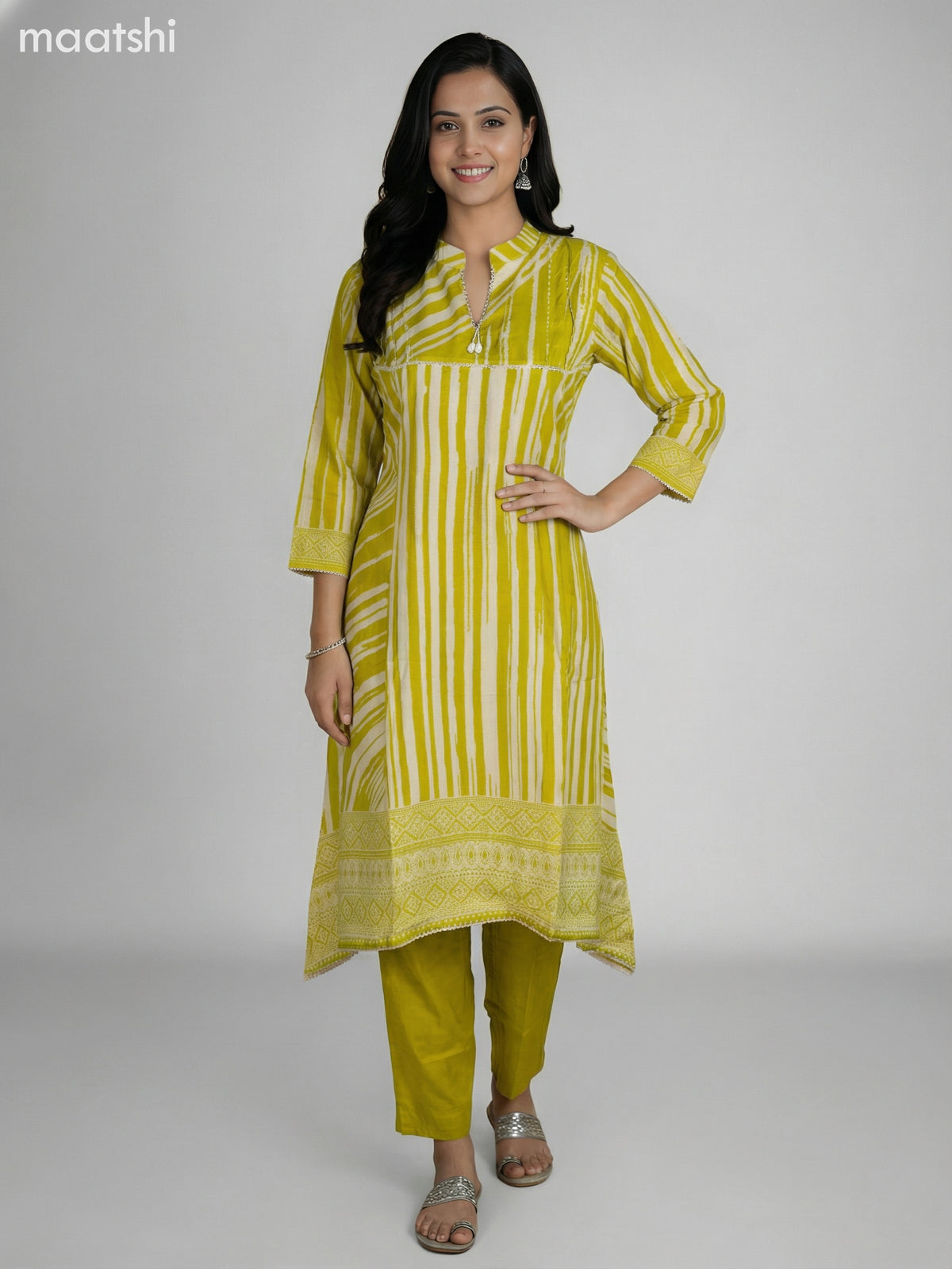 Lime Green and Cream Muslin Printed Fish Cut Suit