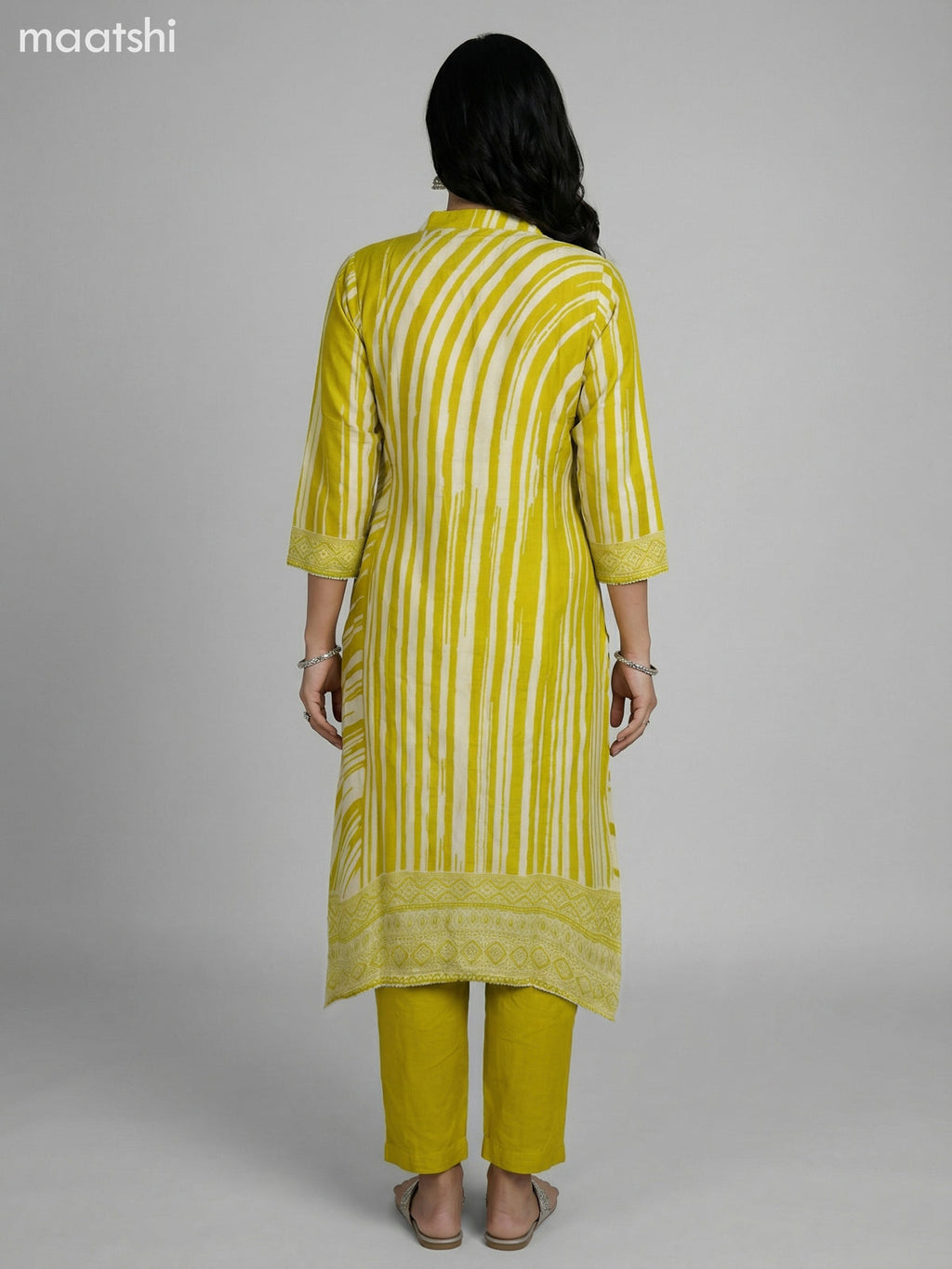 Lime Green and Cream Muslin Printed Fish Cut Suit