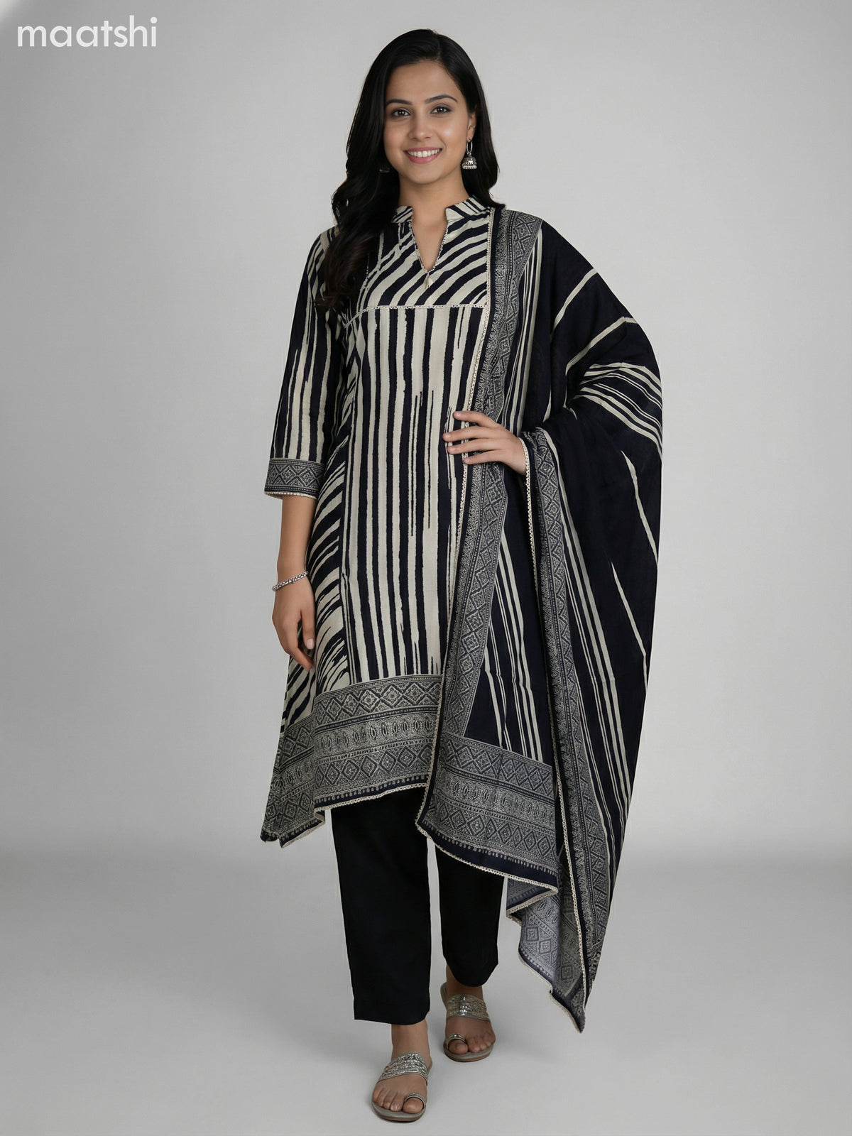 Black and Cream Muslin Printed Fish Cut Suit