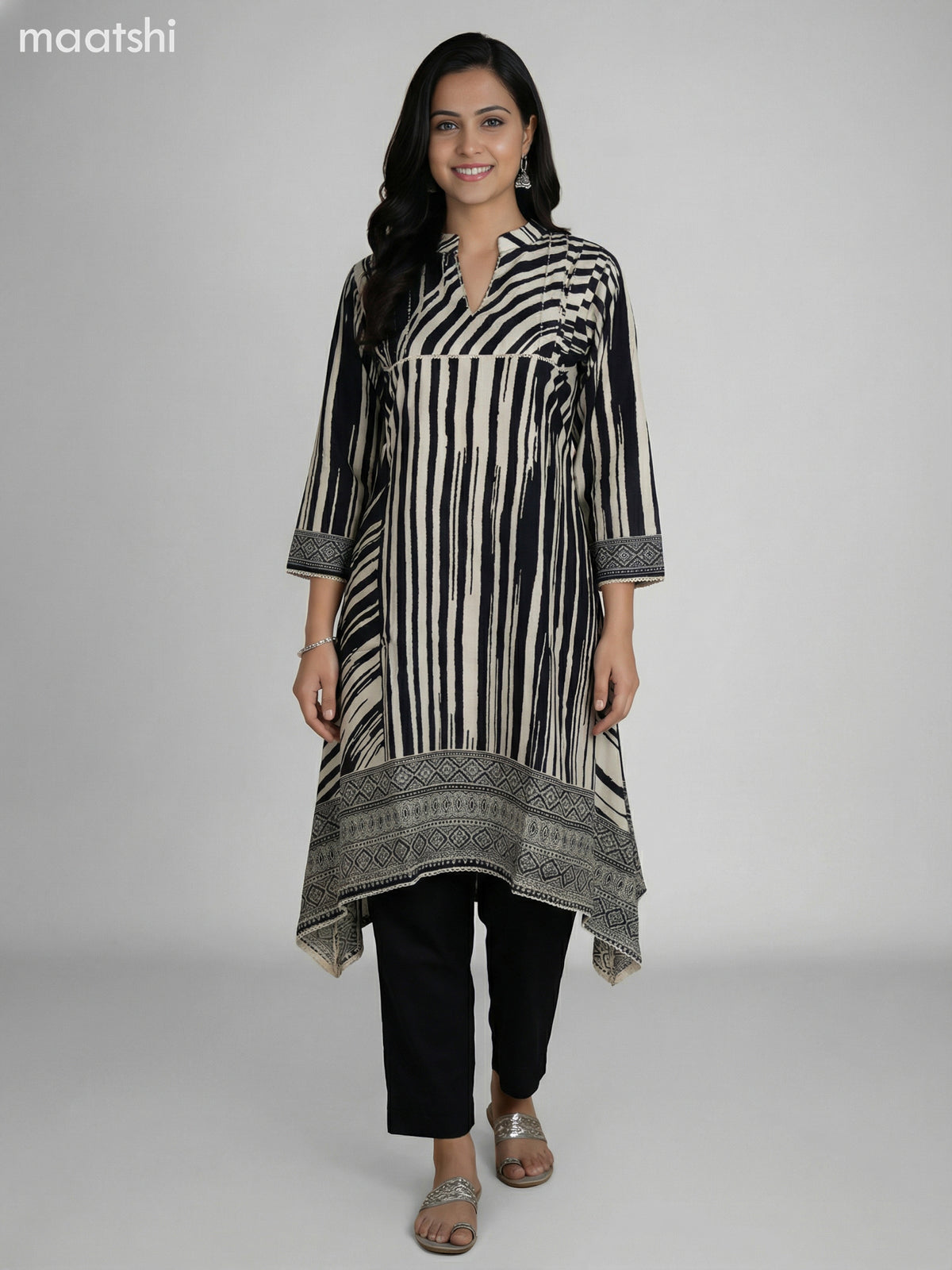 Black and Cream Muslin Printed Fish Cut Suit